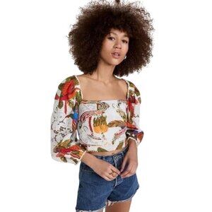 Farm Rio Off-White Forest Birds Blouse with Crochet & Guipure Lace Size Small